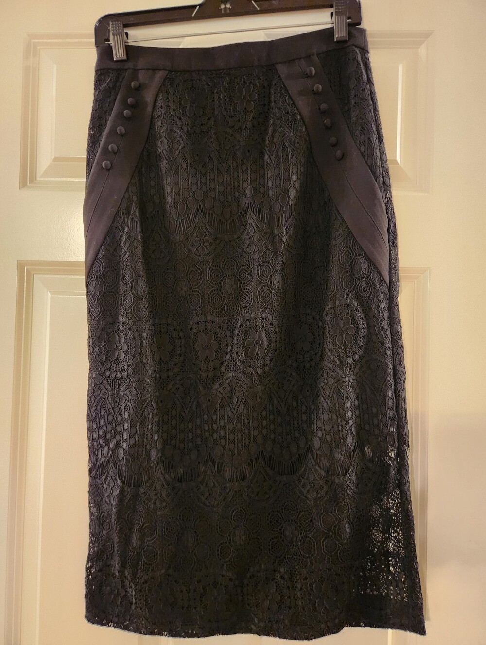 BCBGMaxAzria Black Lace Pencil Skirt with Button Trim
